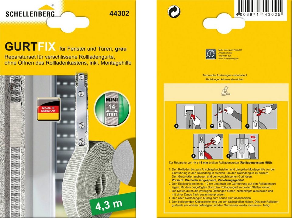 SCHELLENBERG Reparatur-Set GURTFIX Mini, 1-St., für alte oder verschlissene  Gurtbänder, 14 mm, grau, Geeignet für Rolladensystem Mini mit 14 mm  Gurtbreite