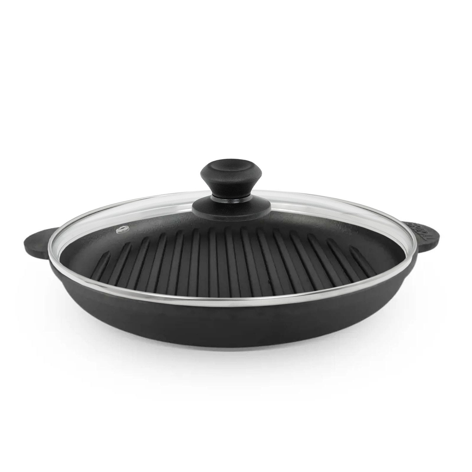 4BIG.fun Grillpfanne Ø30cm Grillpfanne aus Gusseisen mit Glasdeckel, Gusseisen (Bräter Schmortopf zwei Griffe Servierpfanne Grill), zwei Griffe aus Gusseisen