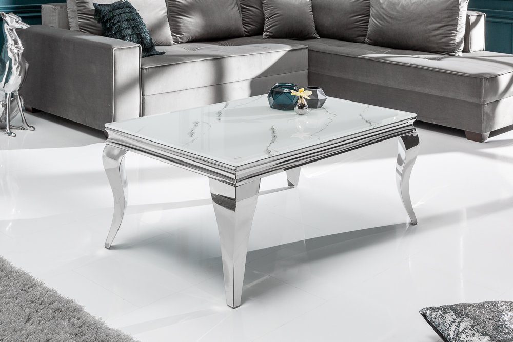 · / Couchtisch Marmor-Optik · Wohnzimmer riess-ambiente grau · 100cm BAROCK Edelstahl · weiß, eckig MODERN Glasplatte