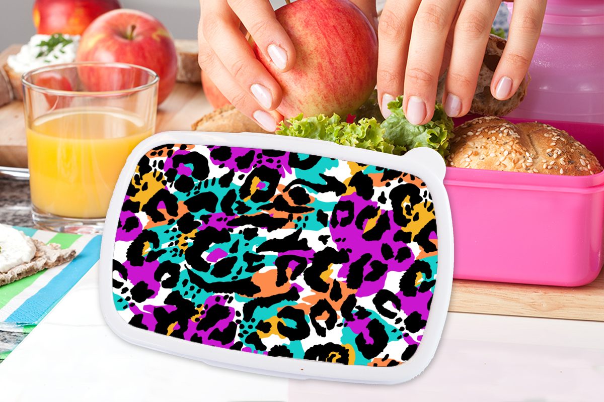 MuchoWow Lunchbox Regenbogen Panther für Mädchen, Kinder, Kunststoff - Snackbox, Erwachsene, Brotdose Muster, (2-tlg), rosa Brotbox Kunststoff, 