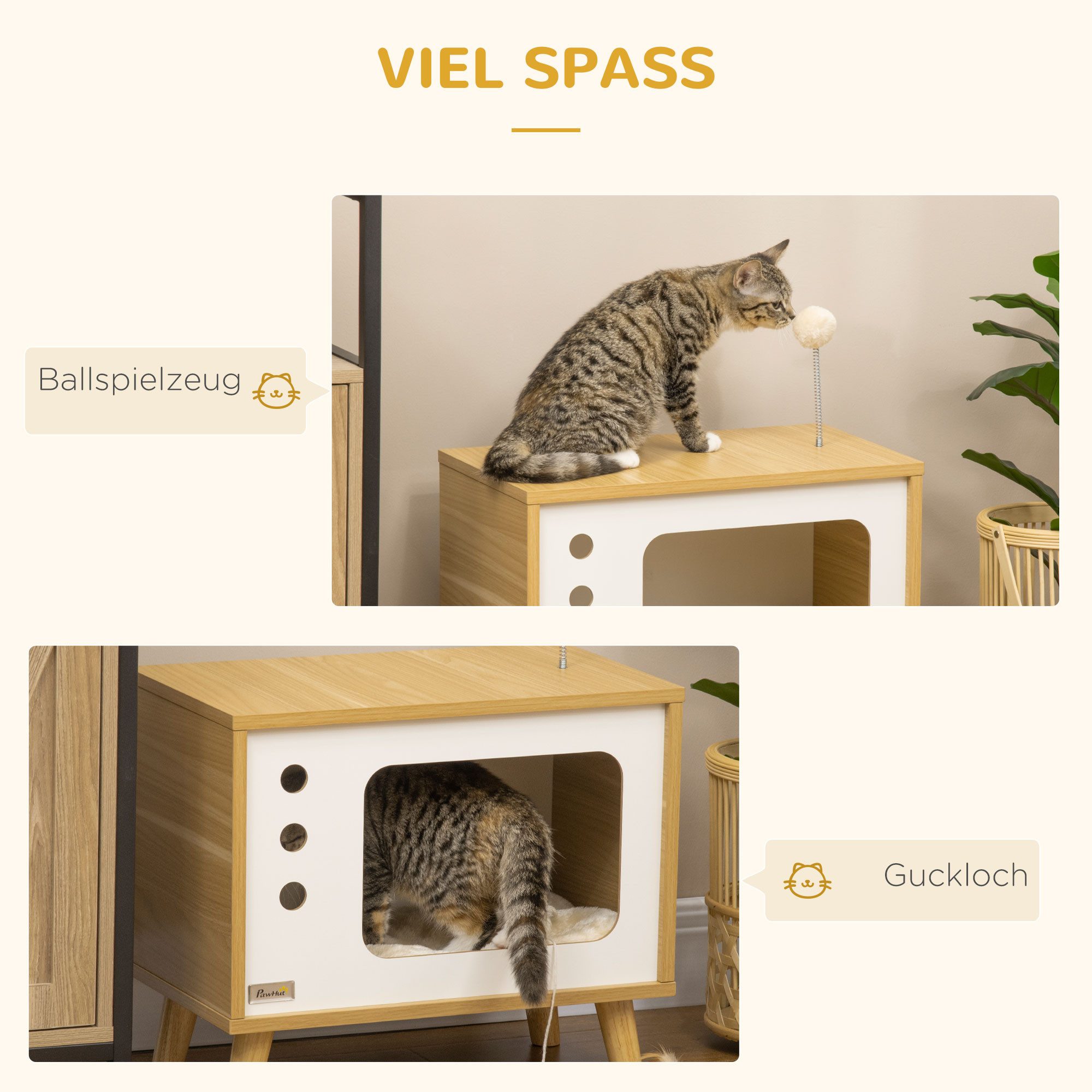 MC Star Katzenzelt Katzenhaus im TV-Design Spielball & Kissen inklusive, Katzenkorb, Eiche/Beige/Weiß, 50x28x43cm