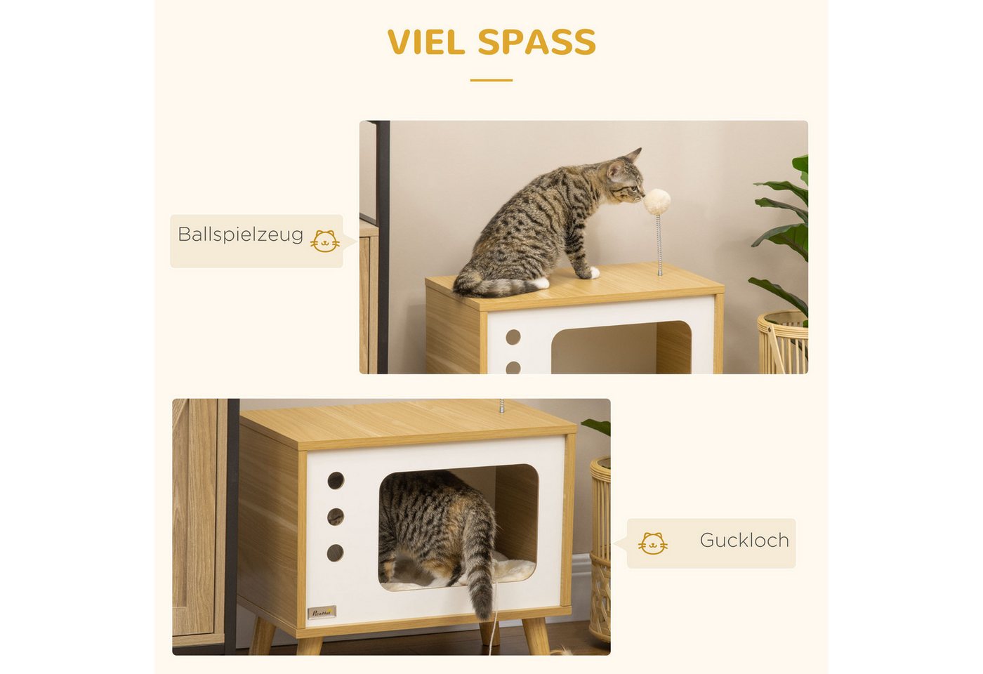 Thumbnail - MC Star Katzenzelt Katzenhaus im TV-Design Spielball & Kissen inklusive, Katzenkorb, Eiche/Beige/Weiß, 50x28x43cm