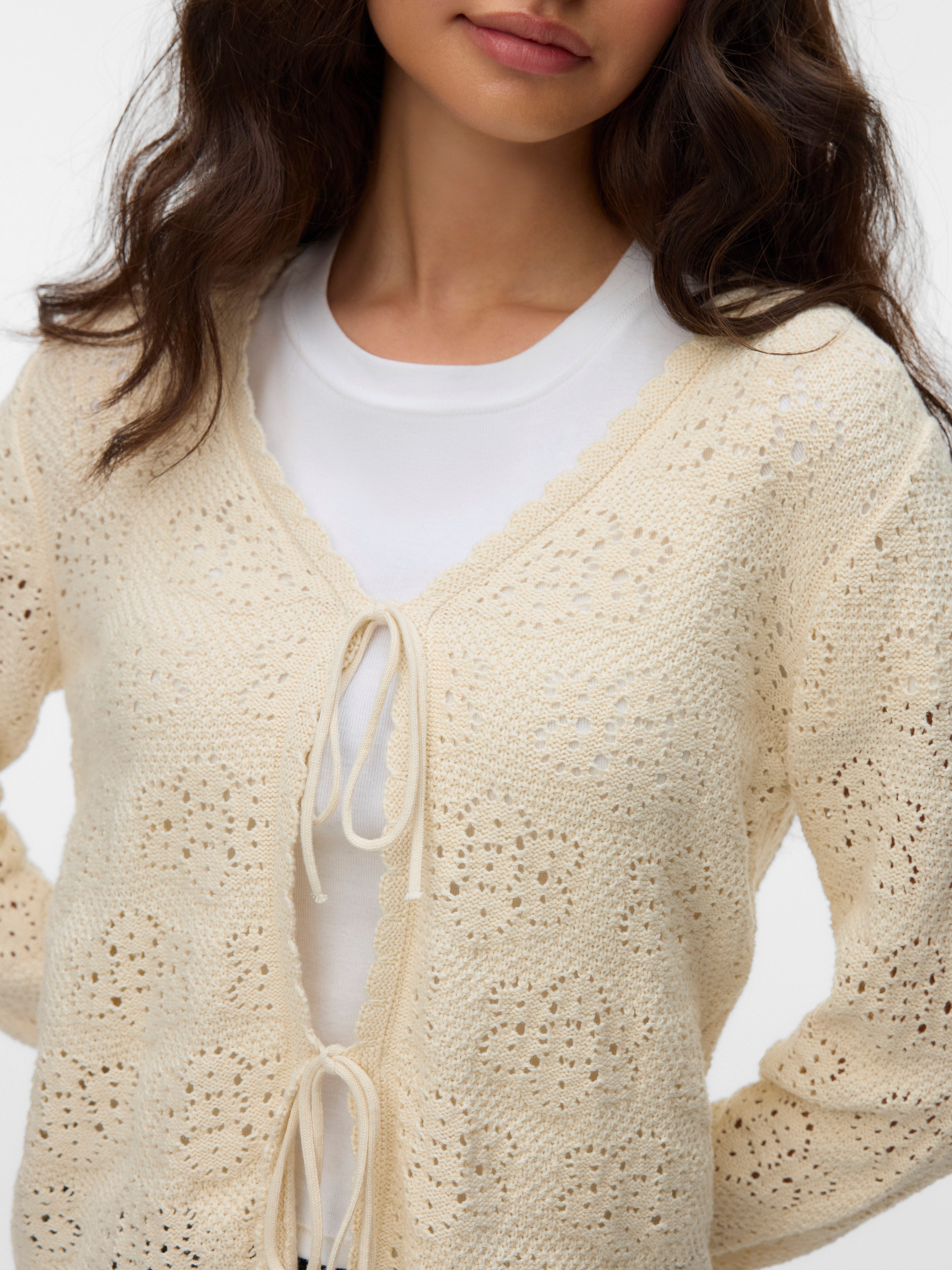 Vero Moda Strickjacke VMAVA LS V-NECK TIE STRING CARDIGAN Baumwolle, gewellte Strickbündchen