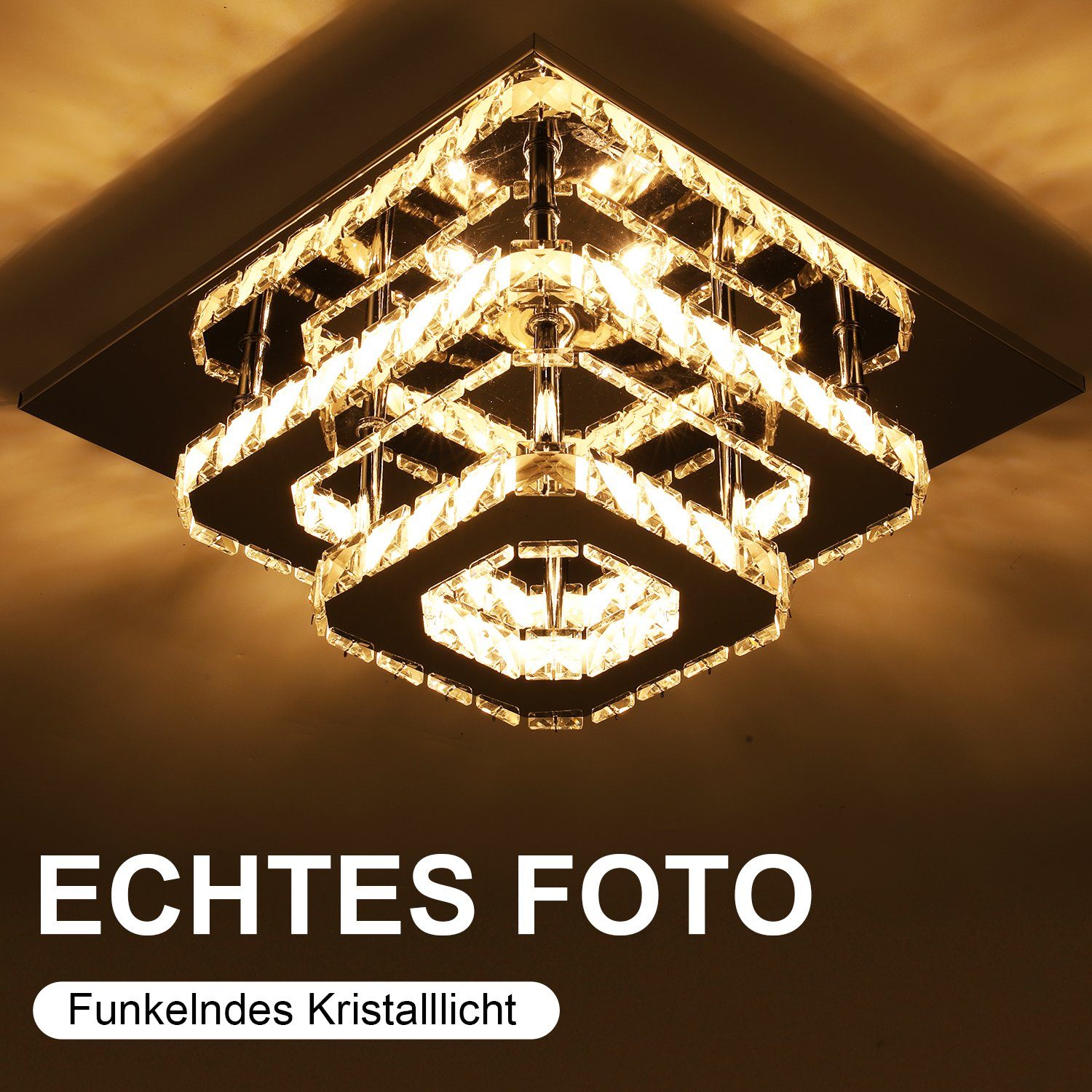 LETGOSPT fest integriert, für Pendelleuchte LED Moderne 36W,Quadratische Esszimmer LED Flur Deckenleuchte Kristalllampe LED 30x30x12cm, Doppelschicht Edelstahl Schlafzimmer Deckenlampe,