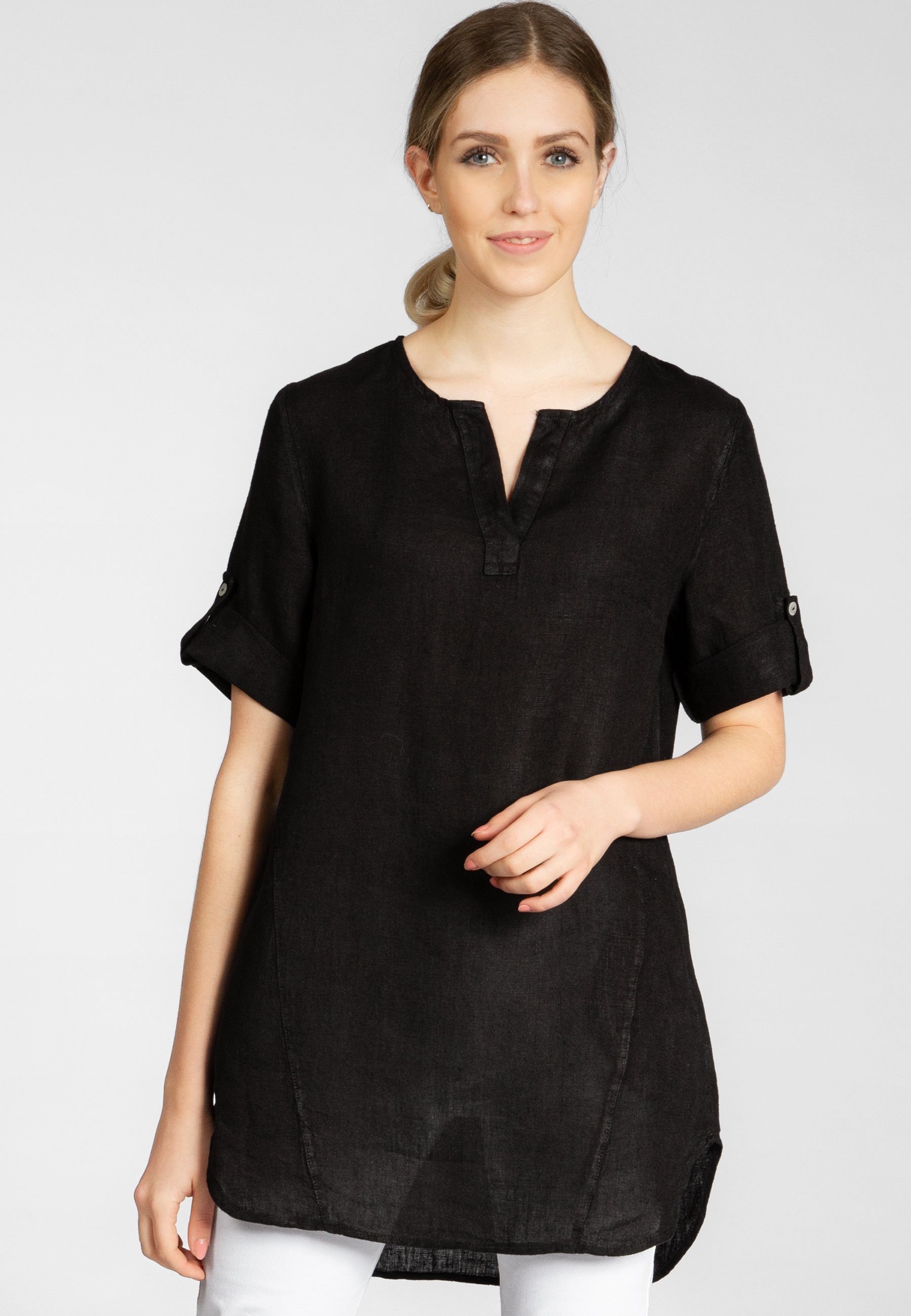 Longbluse BLU023 lange elegante Damen Halbarm Sommer Leinenbluse