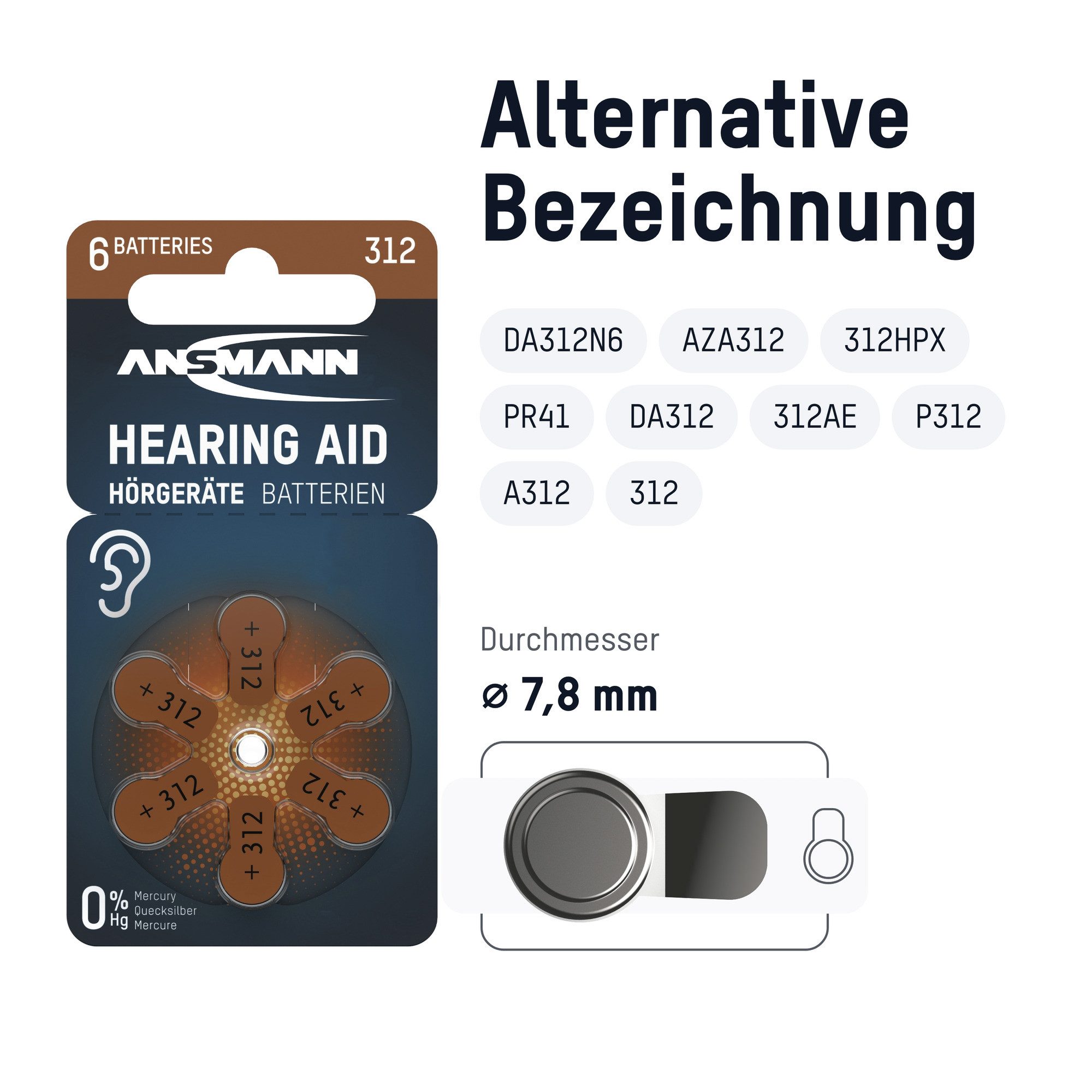 ANSMANN AG Hörgerätebatterien Typ 312 P312 ZL3 PR41, 60 Stück, Made in Germany Knopfzelle