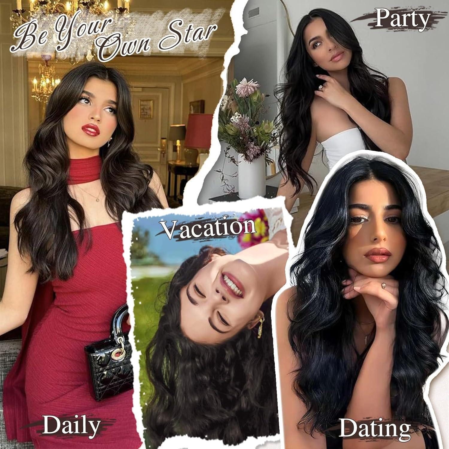 LuxusKollektion Kunsthaar-Extension Clip in Schwarz Haarverlängerung Damen 50CM Lang Wellig Haarextension