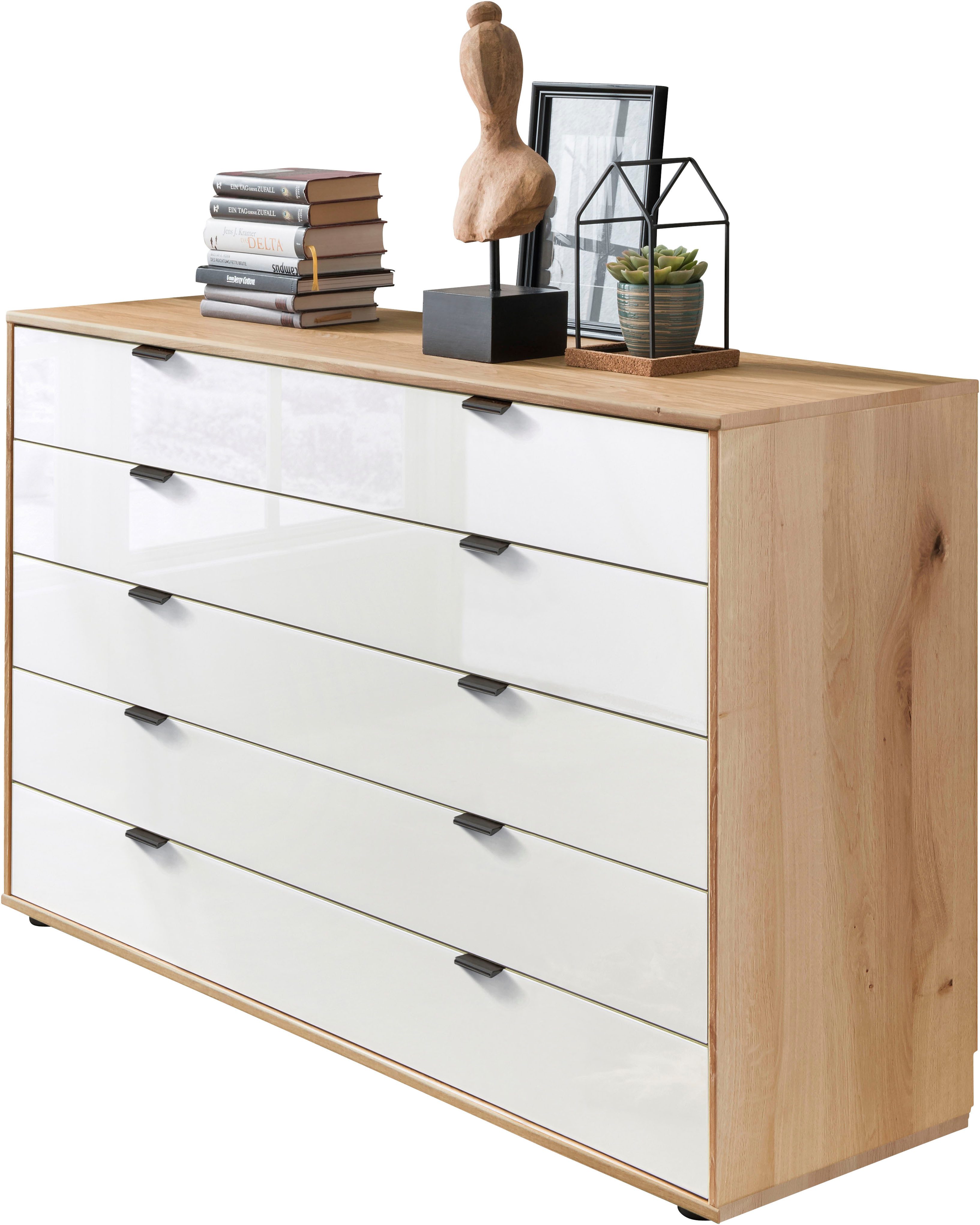 WIEMANN Schubkastenkommode Cardiff Sideboard, Wäscheschrank, teilmassiv Bianco-Eiche, Schubladen (Glas- oder Massivholzfront, verschiedene Breiten, MADE IN GERMANY), Schubkästen inklusive Selbsteinzug und Dämpfung