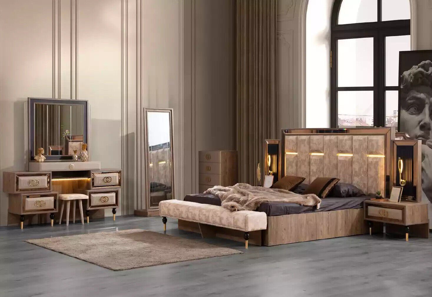 Doppelbett Bett Schlafzimmer-Set JVmoebel Luxus Stoff, Set Made Schlafzimmermöbel Europa in Komplette Beige Bett/2x (6-St., Nachttische/Schminktisch/Bodenspiegel/Kommode),