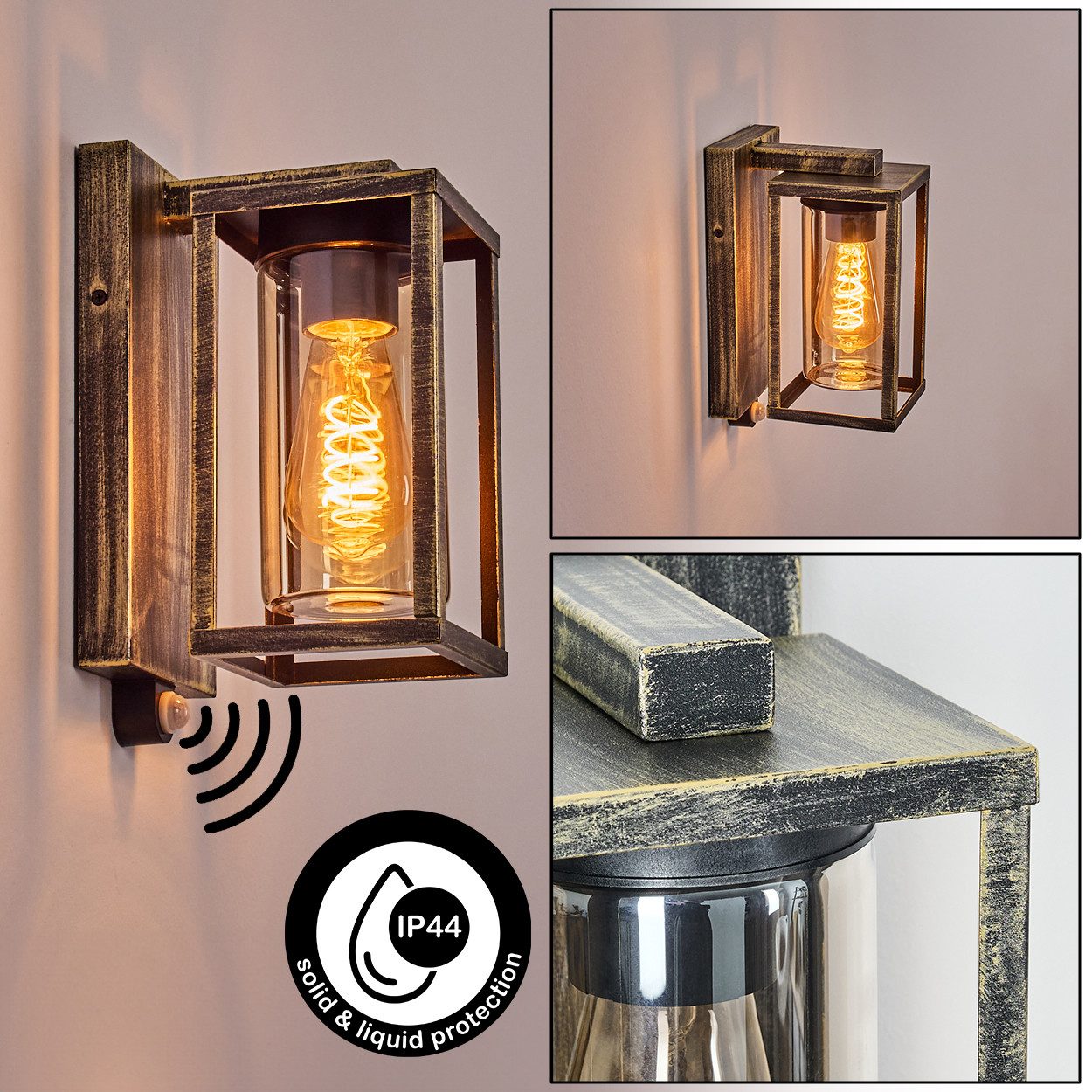 hofstein Außen-Wandleuchte Außenleuchte mit Bewegungsmelder aus Metall/Glas in Schwarz-Gold, ohne Leuchtmittel, Wechselglas Klar, Wandlampe, 1 x E27, ohne Leuchtmittel, IP44