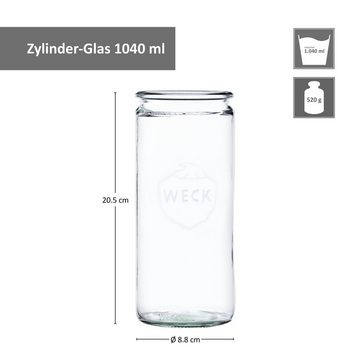 MamboCat Einmachglas 12er Set Weck Gläser 1040ml Zylinderglas Deckel Einkochringe Klammer, Glas