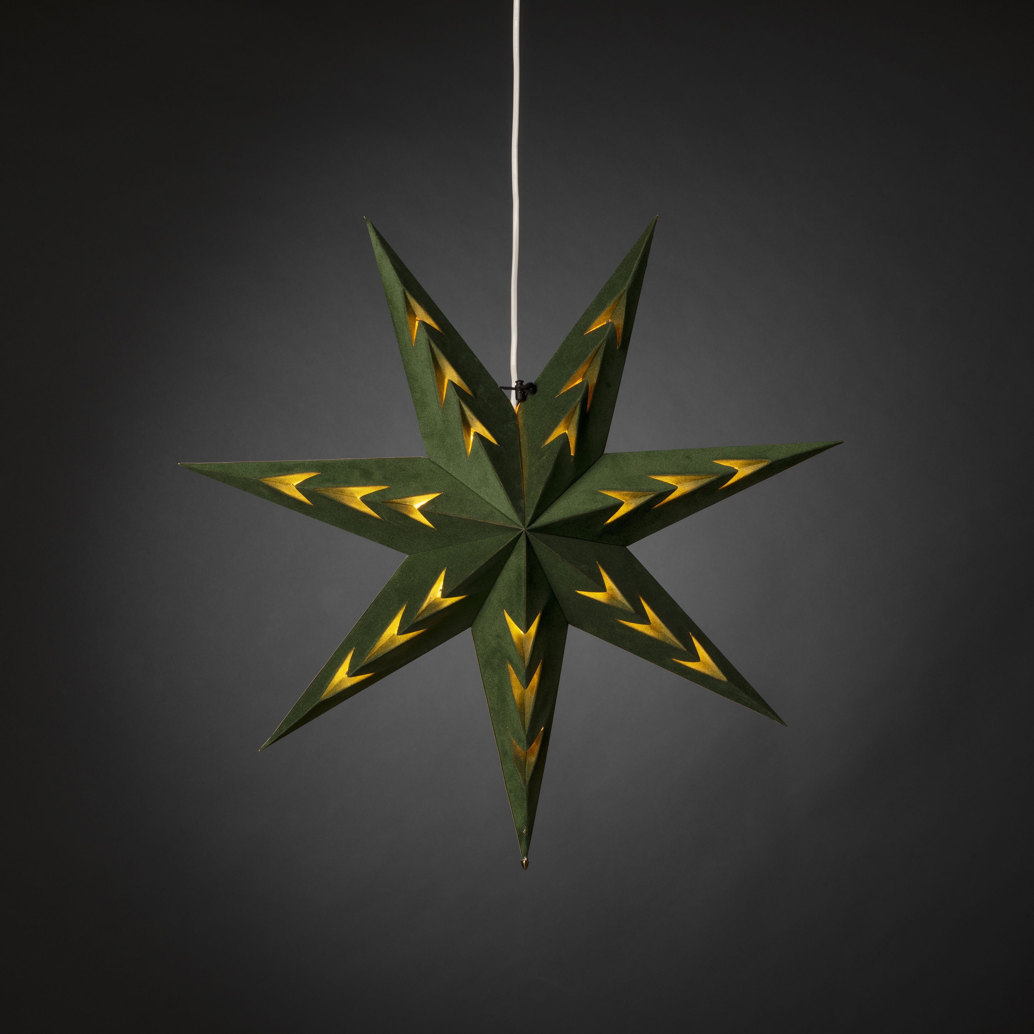KONSTSMIDE Dekostern Weihnachtsstern, Weihnachtsdeko, 1 grünem LED perforiert St., mit Samt, V-förmig Papierstern, Stern