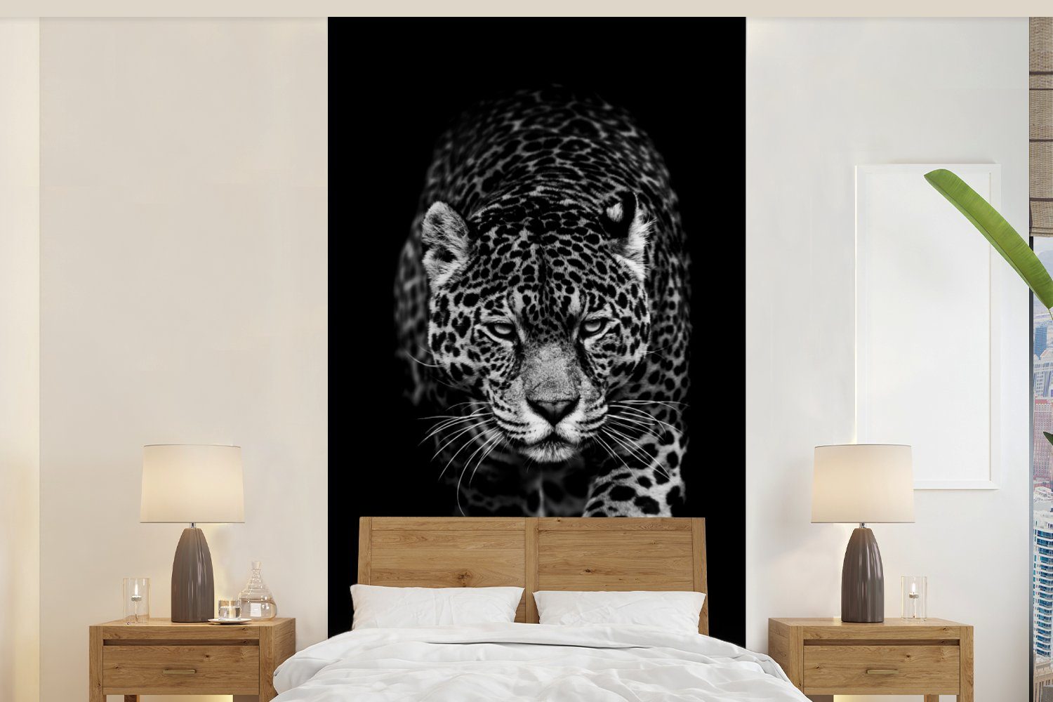 MuchoWow Fototapete Tiere - Schwarz - Leopard - Weiß - Wild, Matt, bedruckt, (2 St), Vliestapete für Wohnzimmer Schlafzimmer Küche, Fototapete