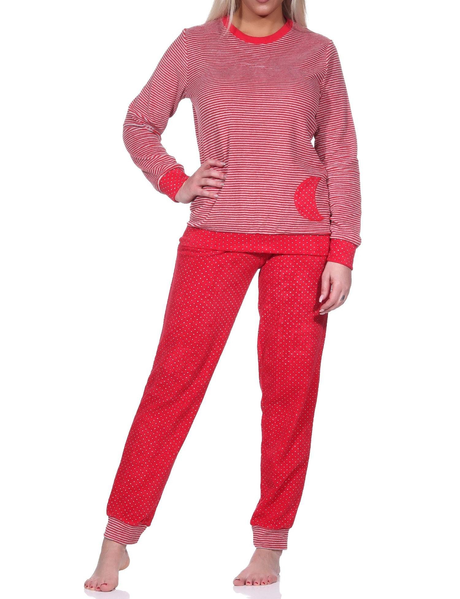 Pyjama Damen Frottee Pyjama mit Bündchen im Herz Tupfen- und Ringeldesign