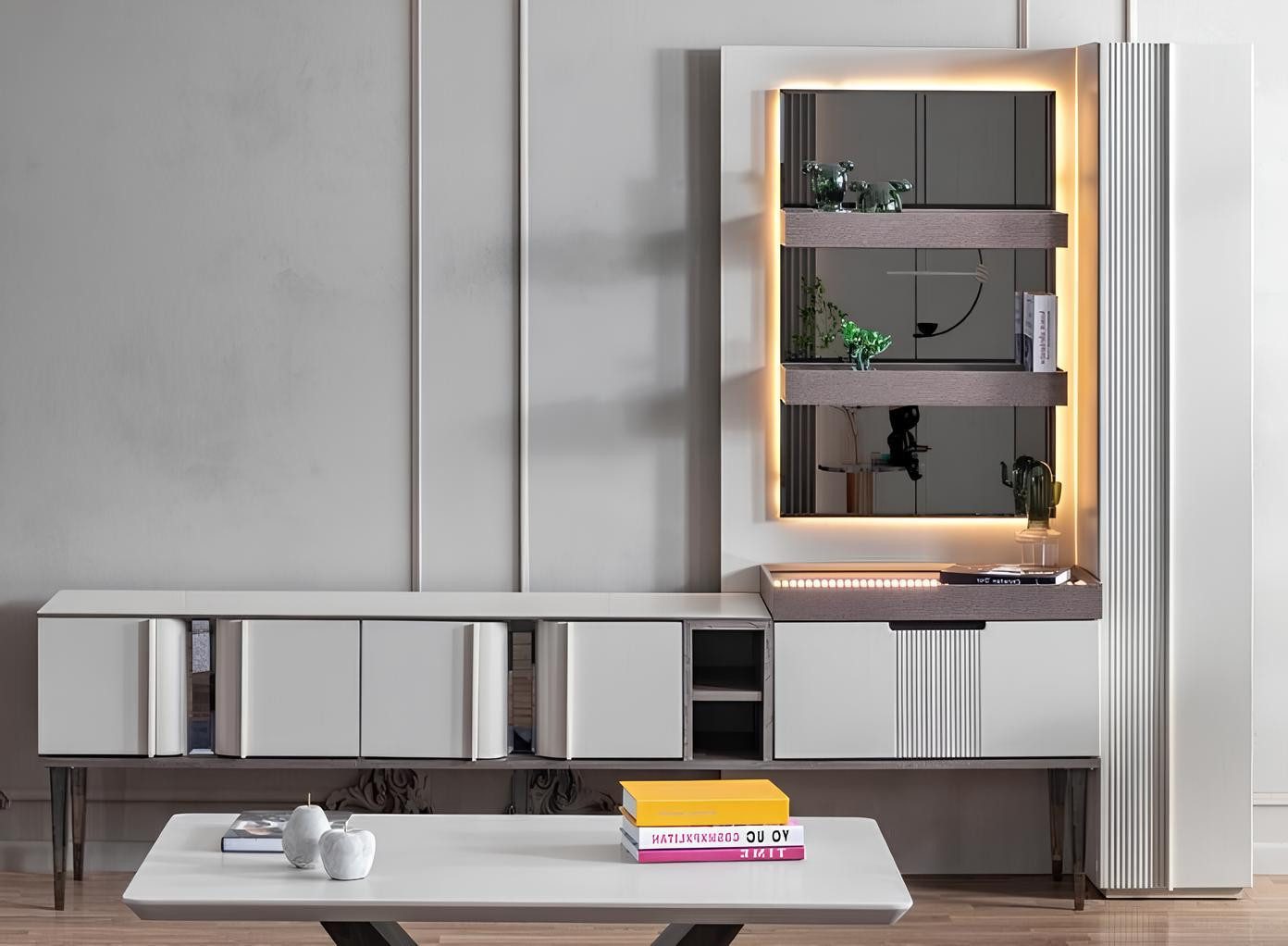 Xlmoebel Wohnwand Weiße Designer Möbel mit LED Beleuchtung für modernes Wohnzimmer, (1-St., Wohnwand), Hergestellt in Europa