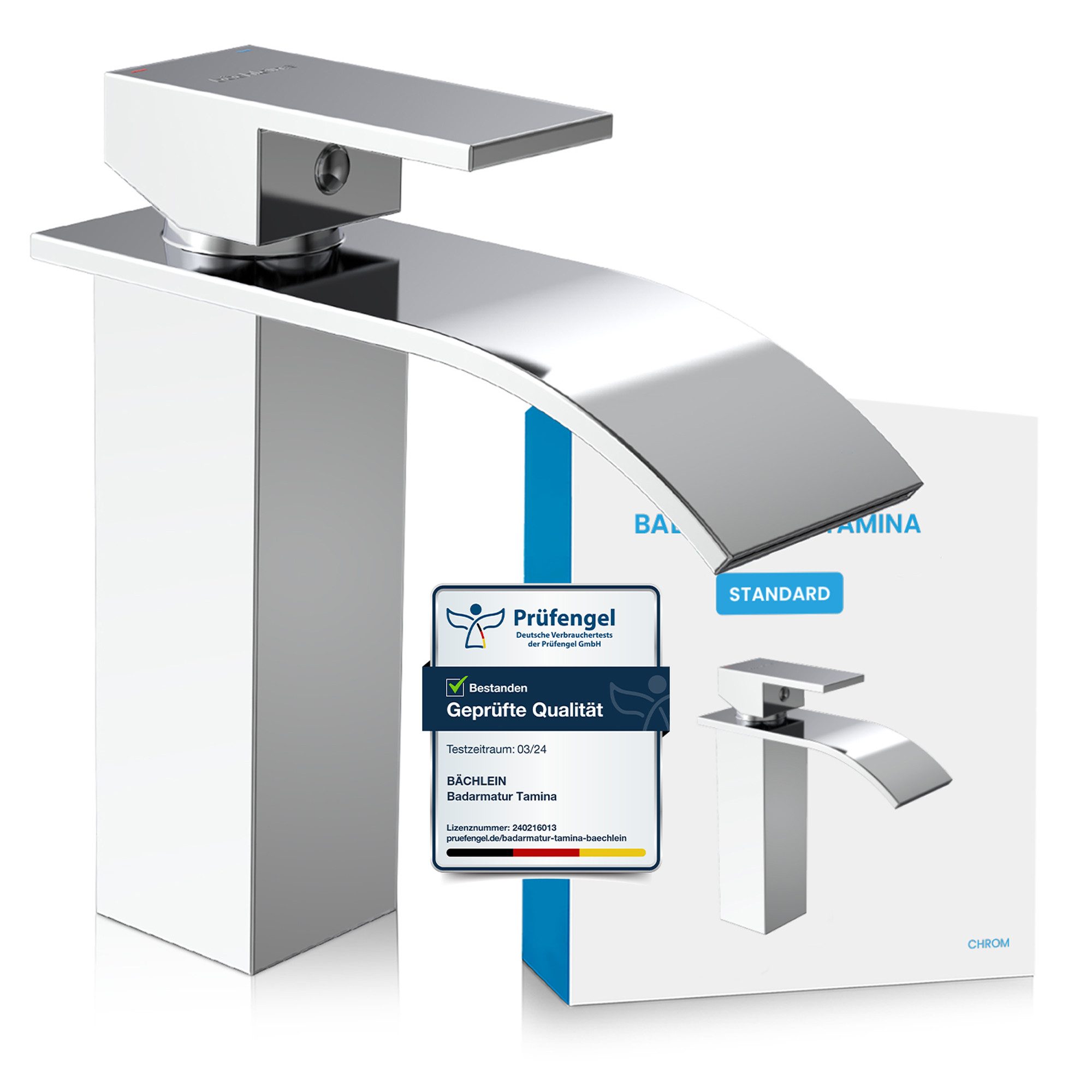 Bächlein Badarmatur Elegante Badarmatur Tamina (Chrom) hochwertige Designarmatur mit Wasserfalloptik