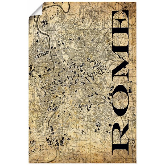 Artland Wandbild Rom Karte Straßen Karte Sepia Italien (1 St) als Alubild Leinwandbild Wandaufkleber oder Poster in versch. Größen