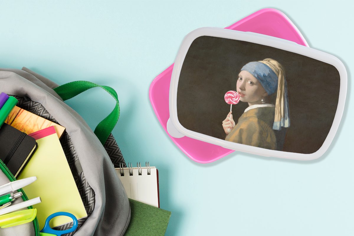 mit rosa Brotbox Snackbox, MuchoWow Lunchbox Mädchen (2-tlg), Perlenohrring - Vermeer für Erwachsene, Mädchen, Johannes Brotdose - Kunststoff, Lollipop, Kunststoff Kinder,