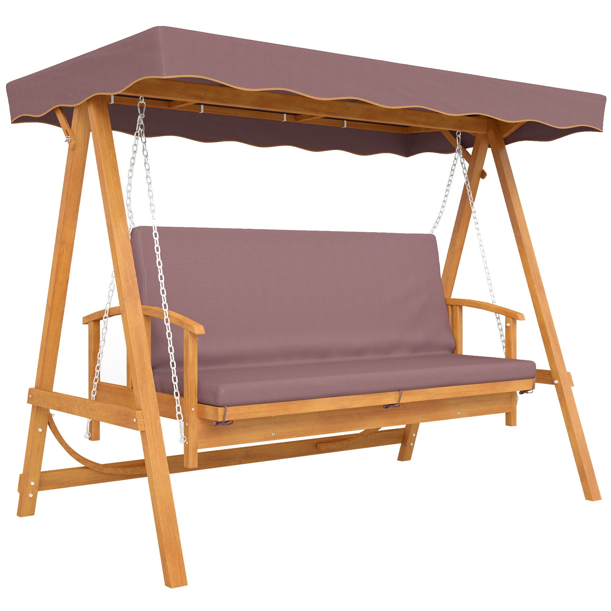 Outsunny Hollywoodschaukel mit Sonnendach, Sitzauflage, bis 330kg, 3-Sitzer, Liegefunktion, 3-Sitzer Gartenschaukel aus Holz, 1 tlg., 2 in 1 Holzschaukel mit Liegefunktion, für Garten, Terrasse, 236x130x181 cm, Braun