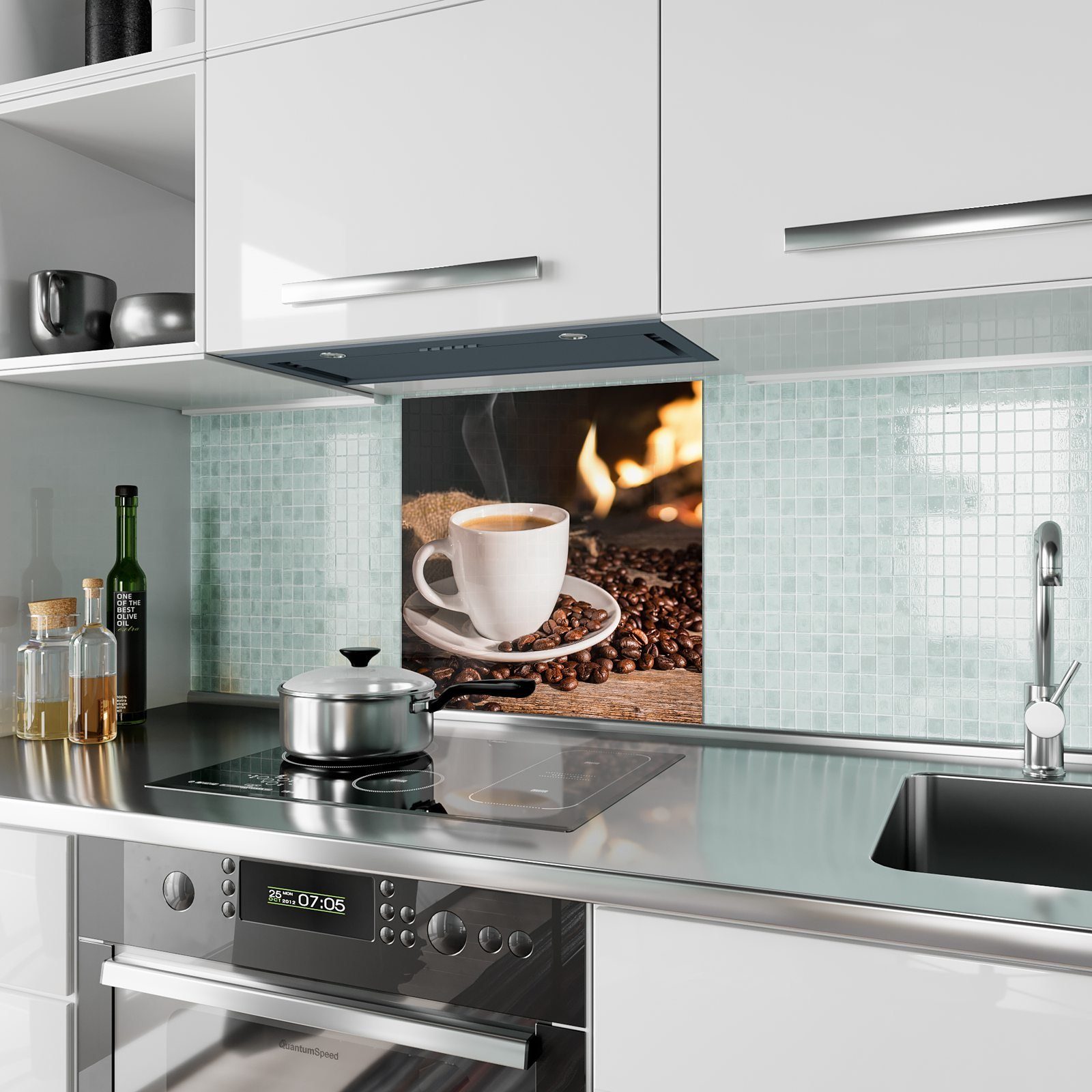 Primedeco Küchenrückwand Küchenrückwand Spritzschutz Glas vor Motiv mit Kaffee Kamin