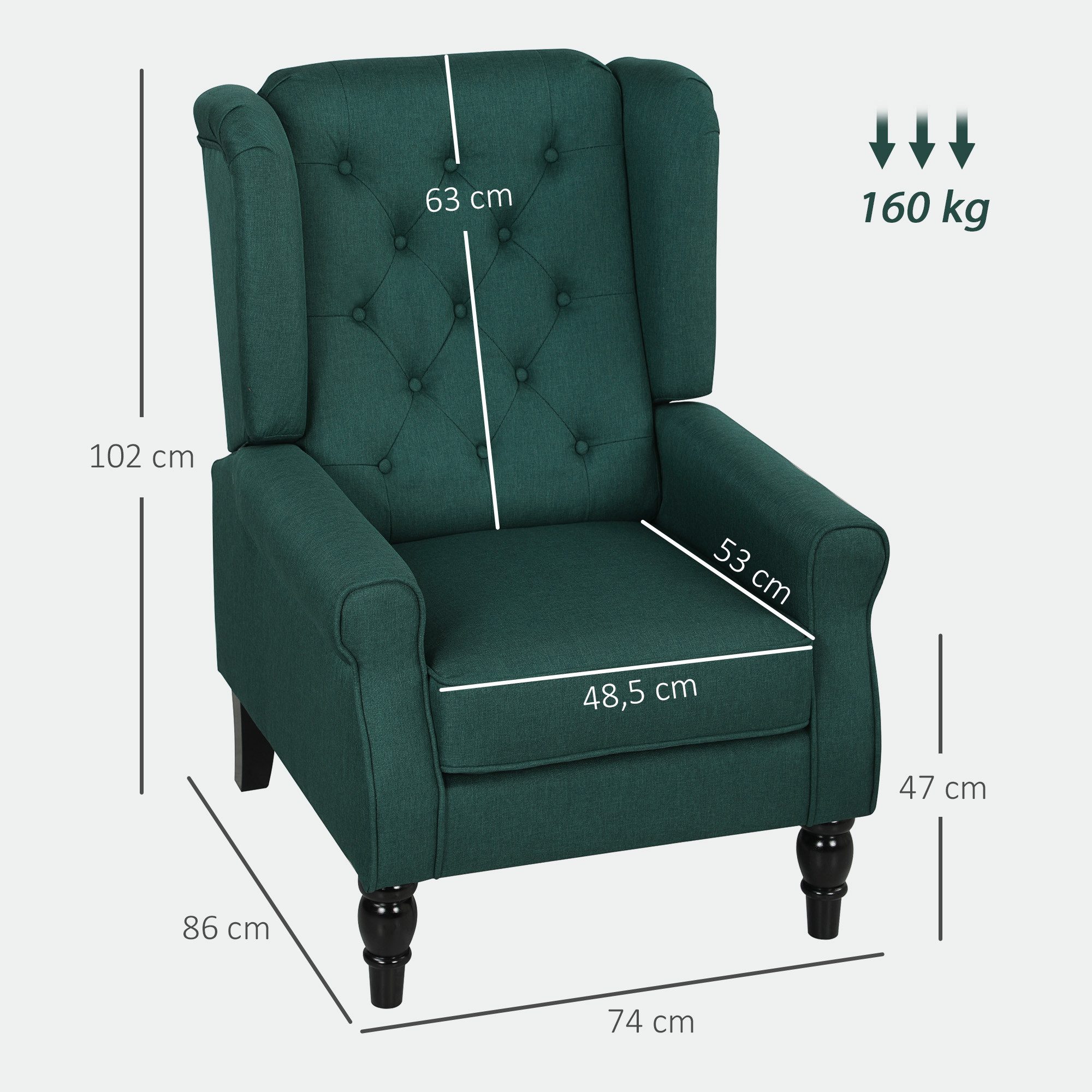 HOMCOM Sessel mit Armlehnen, Kissen, Tufting, hoher Rückenlehne (Ohrensessel, 1-St., Loungesessel), für Wohnzimmer, Schlafzimmer, Dunkelgrün