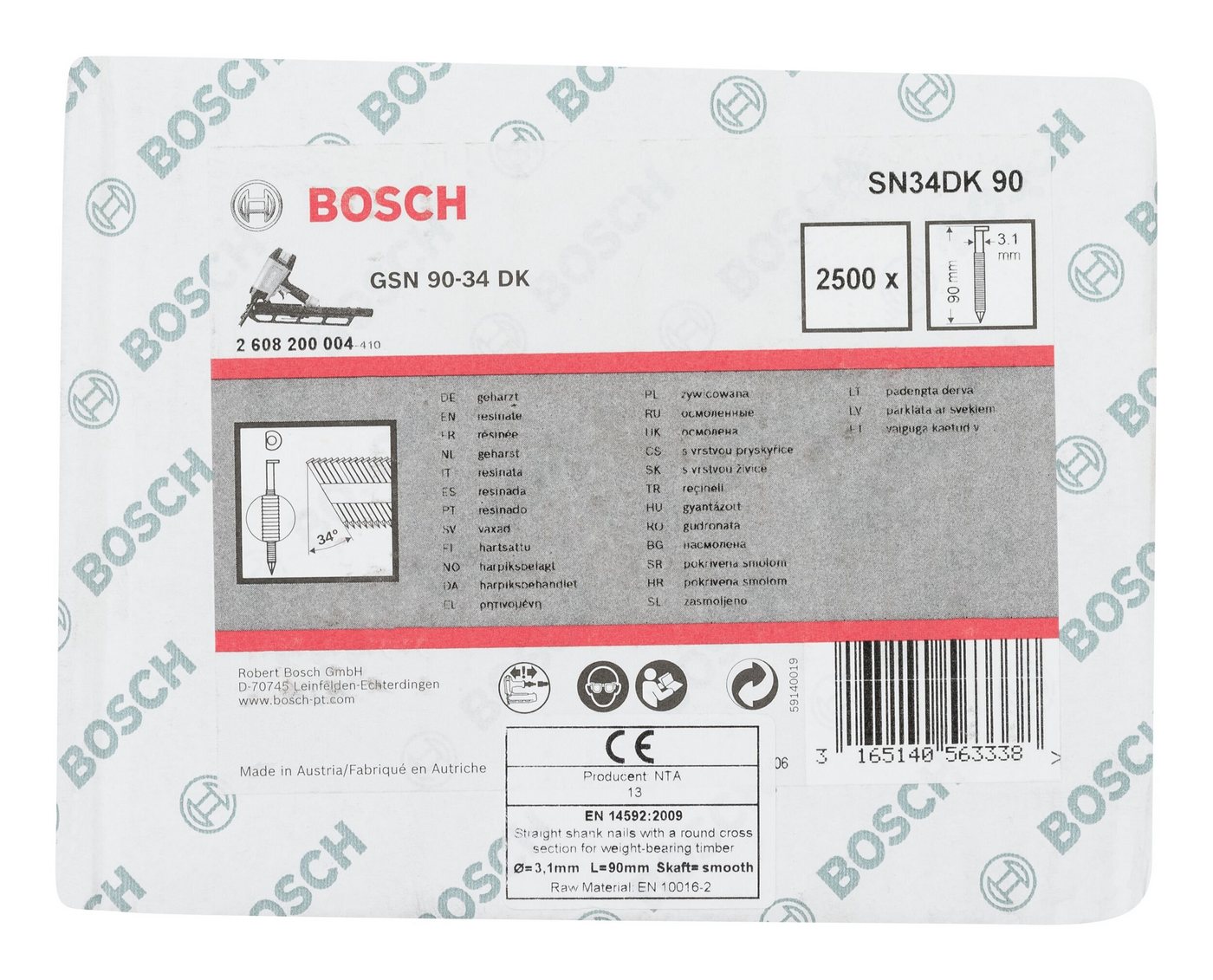 Thumbnail - BOSCH Tackerklammer, SN34DK D-Kopf Streifennagel blank glatt - 3,1 x 90 mm - 2500er-Pack