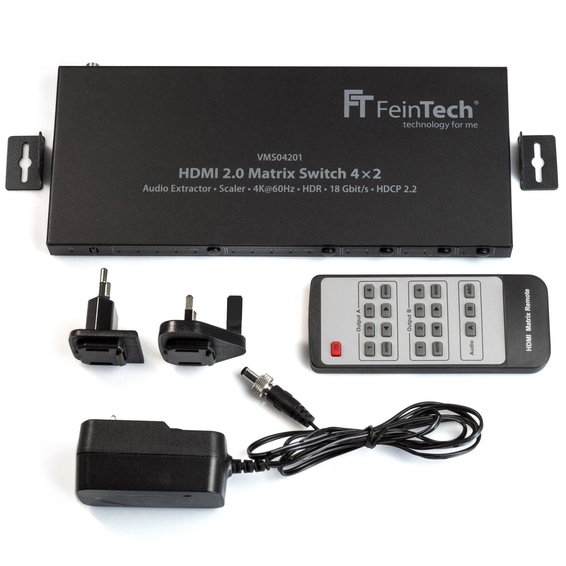 FeinTech Audio / Video Matrix-Switch VMS04201 HDMI Matrix Switch 4x2 mit Audio Extractor, schaltbarer Downscaler