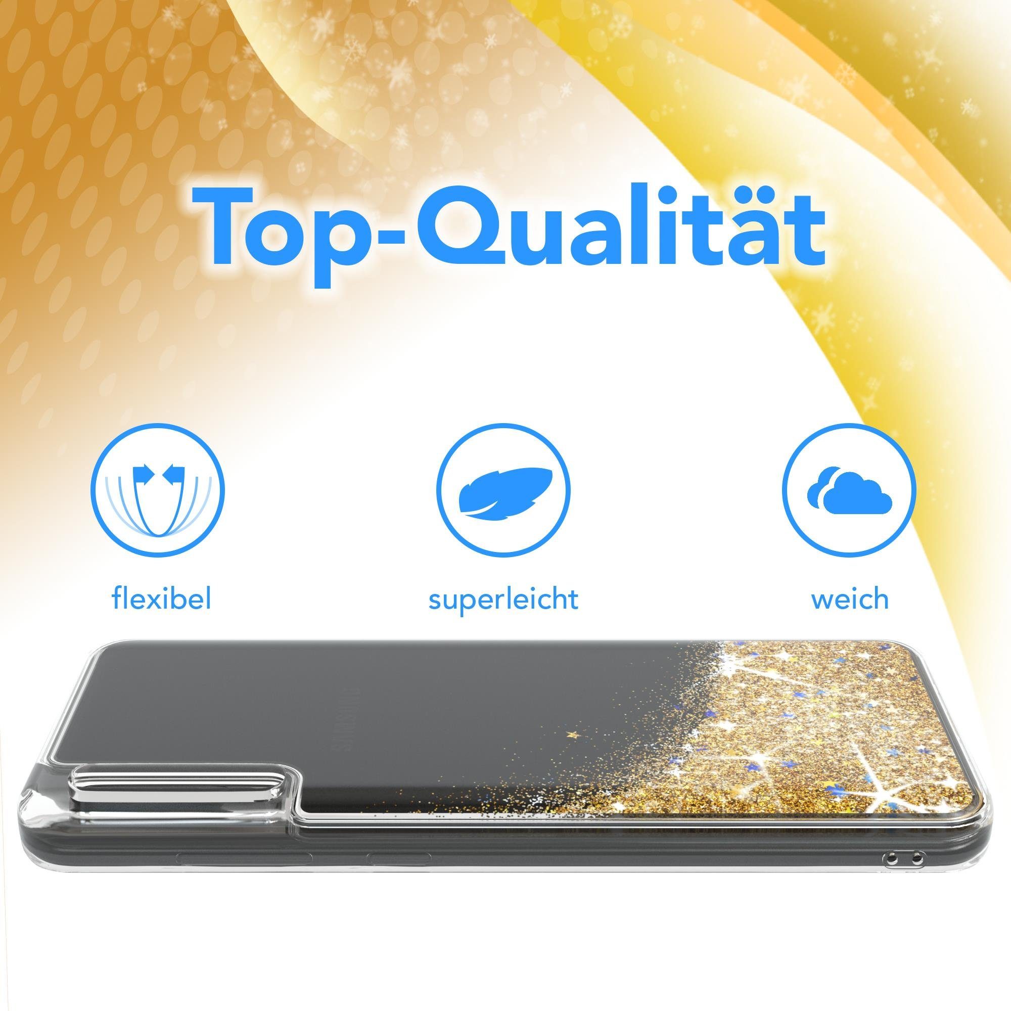 EAZY CASE Handyhülle Liquid Glittery Case für Samsung Galaxy A70 6,7 Zoll, Durchsichtig Back Case Handy Softcase Silikonhülle Glitzer Cover Gold