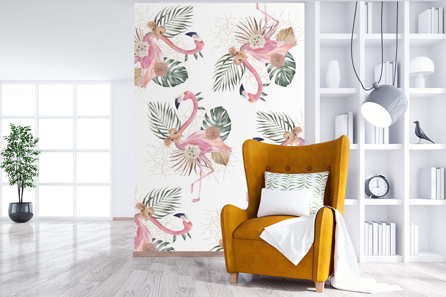 MuchoWow Fototapete Muster - Montagefertig bedruckt, für Flamingo, Matt, (3 St), Wandtapete Blumen Vinyl Tapete Wohnzimmer, 