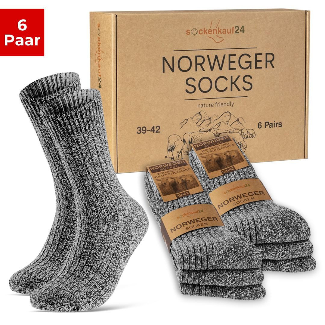 sockenkauf24 Norwegersocken 6 Paar warme Wintersocken Herren & Damen Wollsocken mit verstärkter Sohle in Schwarz Grau Anthrazit - 70301T
