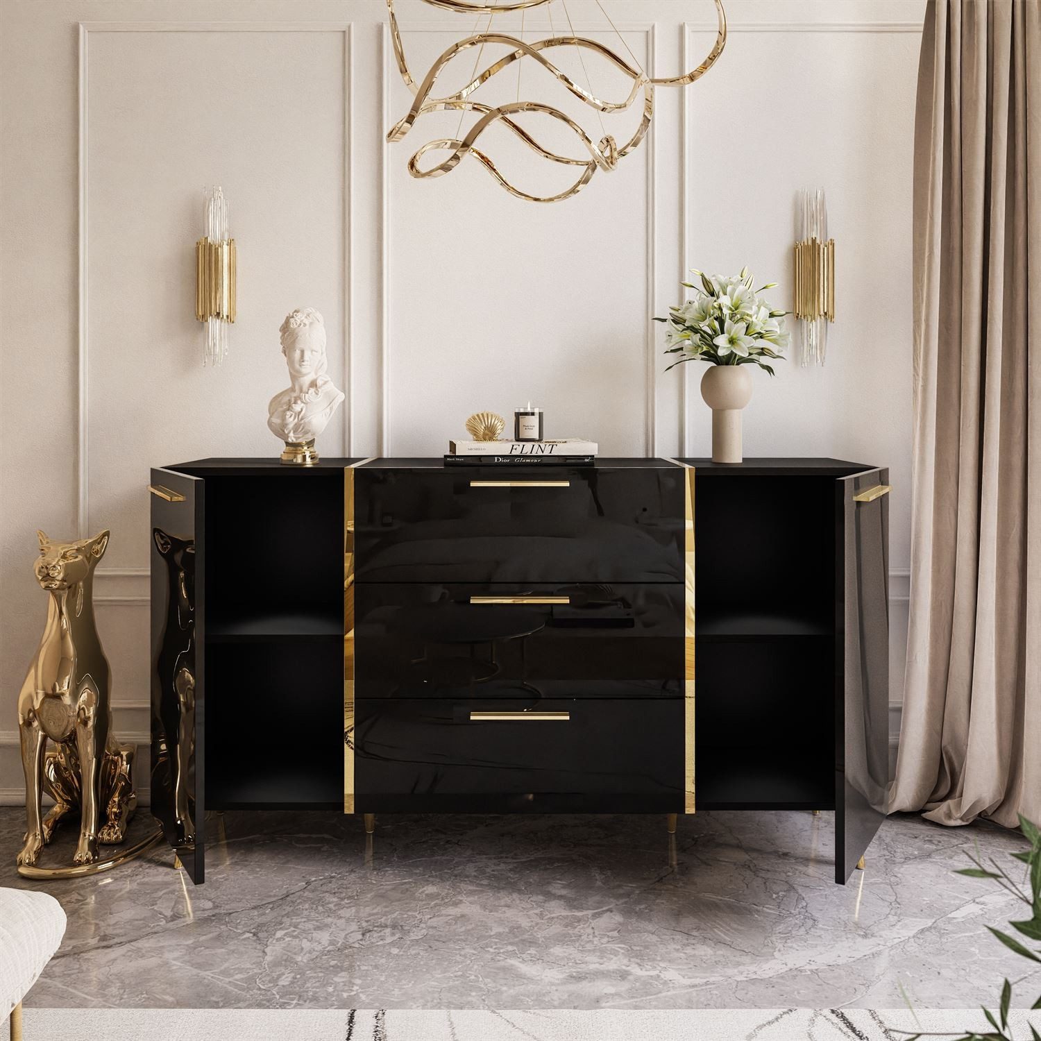 Lookway Kommode ONYX goldene Beine Hochglanz Push-Open / Goldgriffe 158 cm, 158x41x88 cm – Bild 4 von 5
