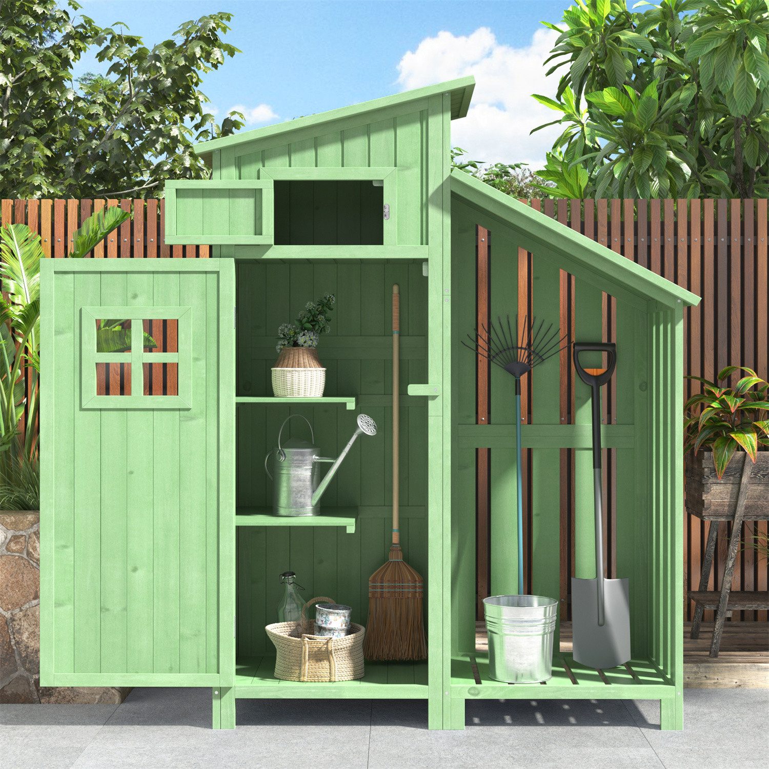 autolock (Grün,Holzhütte)Gartenschrank mit PVC-Dach, Geräteschuppen Geräteschrank mit Satteldach,124x46x174cm    Gruen  (RABATT 38%)