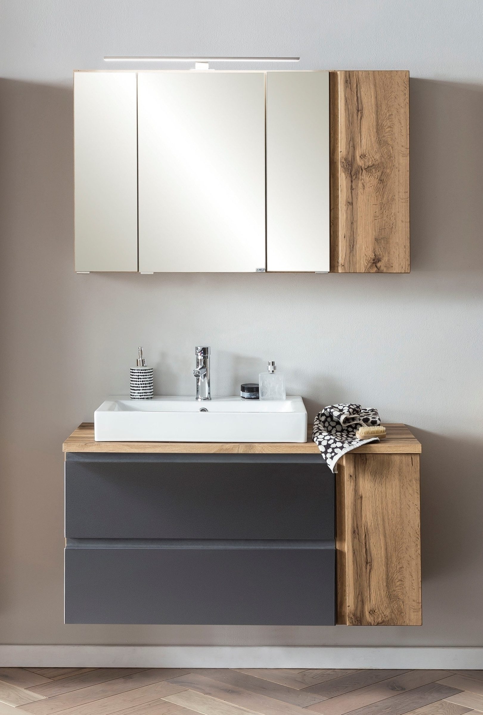 HELD MÖBEL Badmöbel-Set (2-teilig) in grau / Wotaneiche-Dekor - 105x195x47 (BxHxT), (2-teilig)