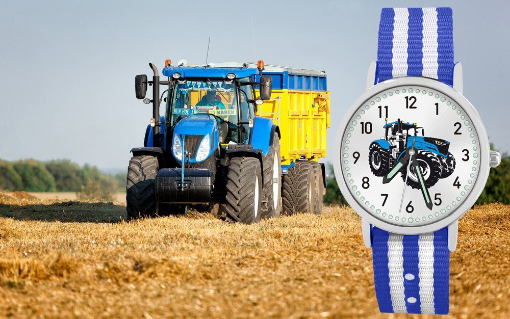 Pacific Time blau Quarzuhr und Gratis Traktor Match gestreift Kinder Armbanduhr blau weiß Versand Wechselarmband, Mix Design 