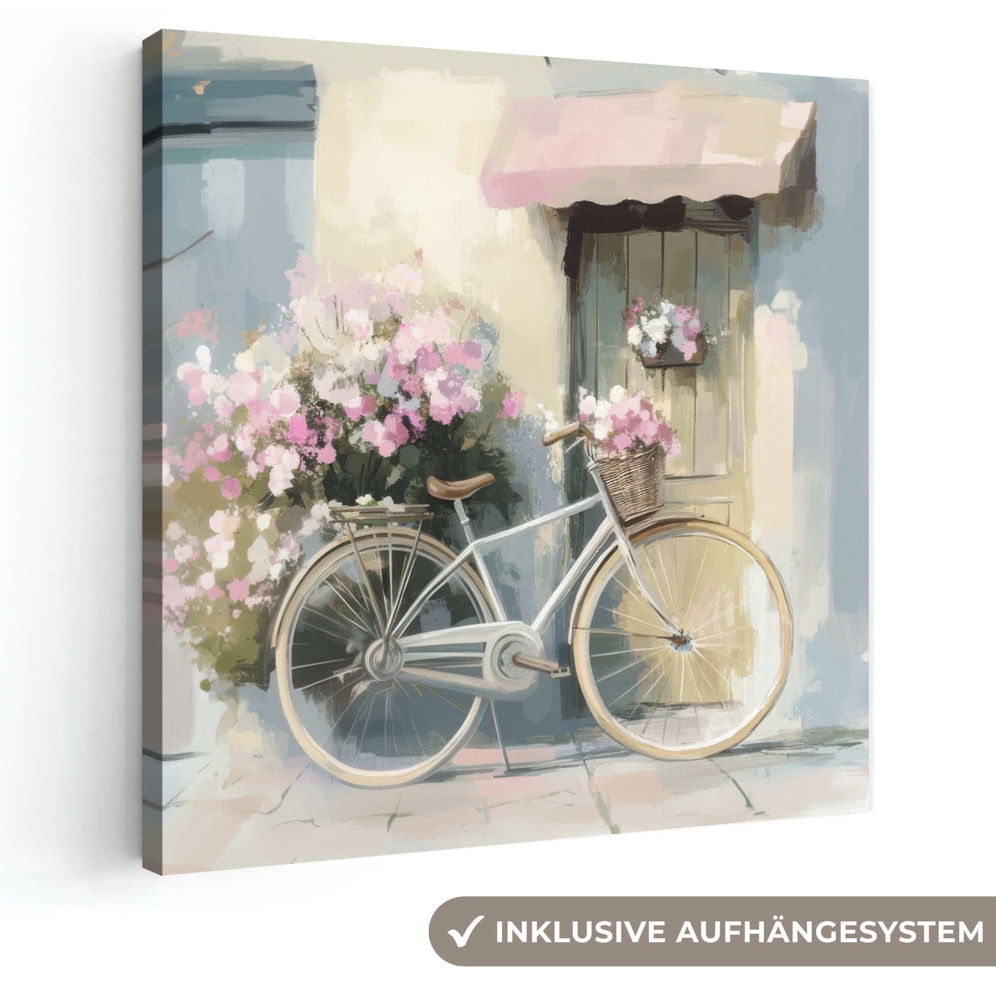 OneMillionCanvasses® Leinwandbild Fahrrad - Pastellfarben - Blumen, Fotodruck (1 St), Wandbild, Deko Schlafzimmer Wohnzimmer Flur 20x20 cm