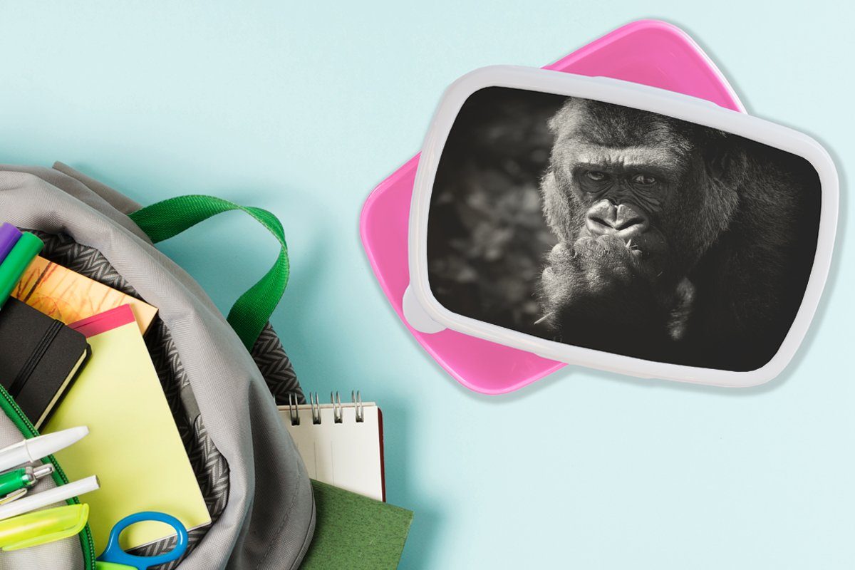 in Snackbox, Lunchbox Weiß, rosa Brotdose Gorilla für Mädchen, und Kinder, MuchoWow Erwachsene, Schwarz auf schwarzem Brotbox (2-tlg), Kunststoff Hintergrund Kunststoff,