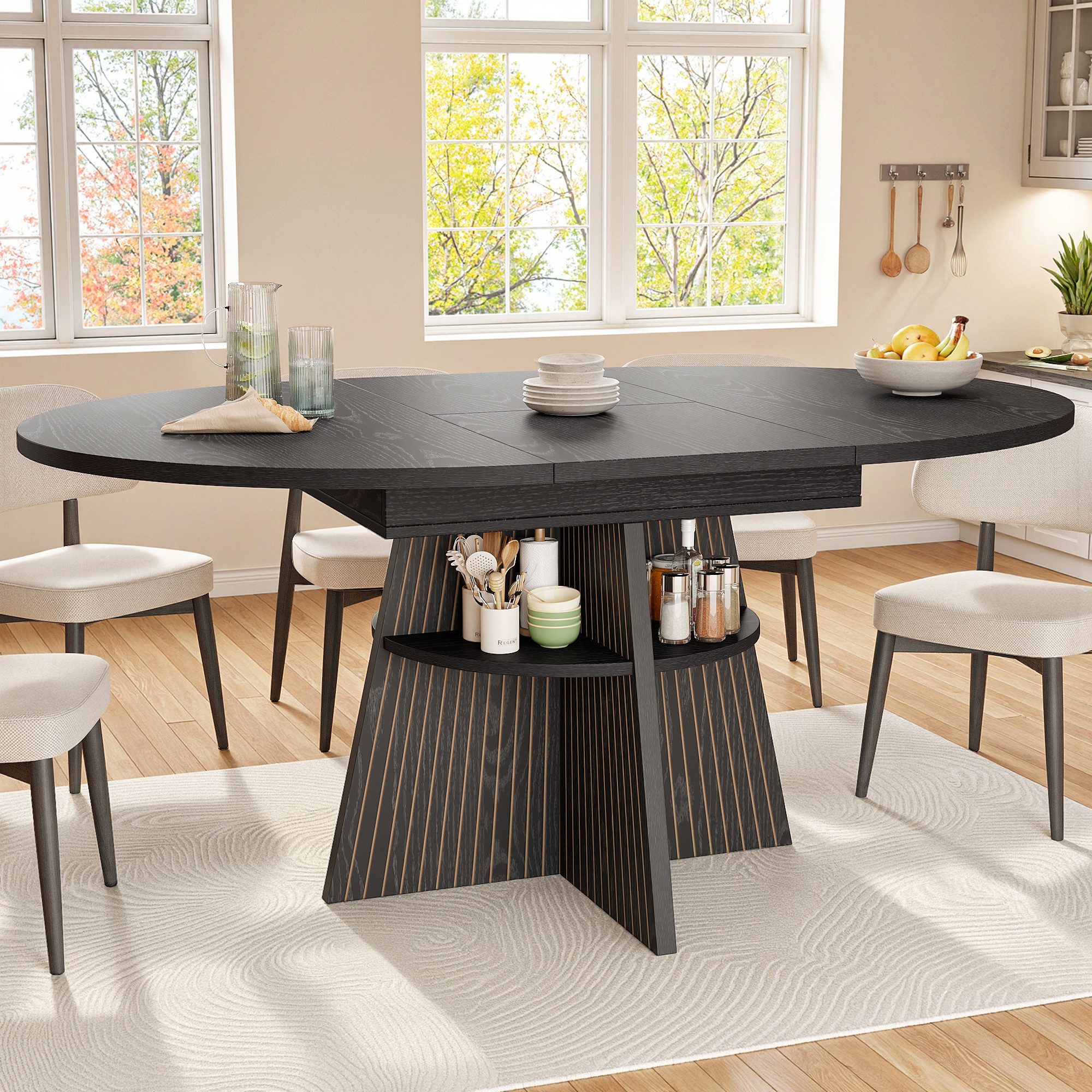 Flieks Esstisch runder/ovaler Küchentisch mit ausziehbarer Tischplatten Holzoptik (L110-150/T110/H76 cm, 1-St., 1 Tisch), erweiterbar Esszimmertisch mit Ablagen Bürotisch Schreibtisch Schwarz