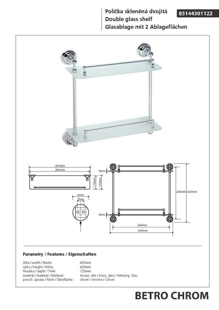 BRILLANTBAD® Duschregal BETRO CHROM Glasregal Messing Glas Chrom für Bad & Küche >> Bohren