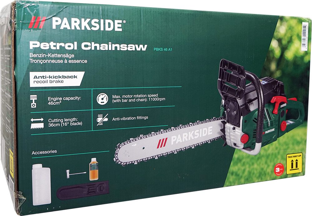 Parkside Benzin-Kettensäge Benzin Kettensäge PBKS 46 1,8KW (2,4PS), 40 cm Schwertlänge, Wartungsfreie Zündung mit Seilzugstarter