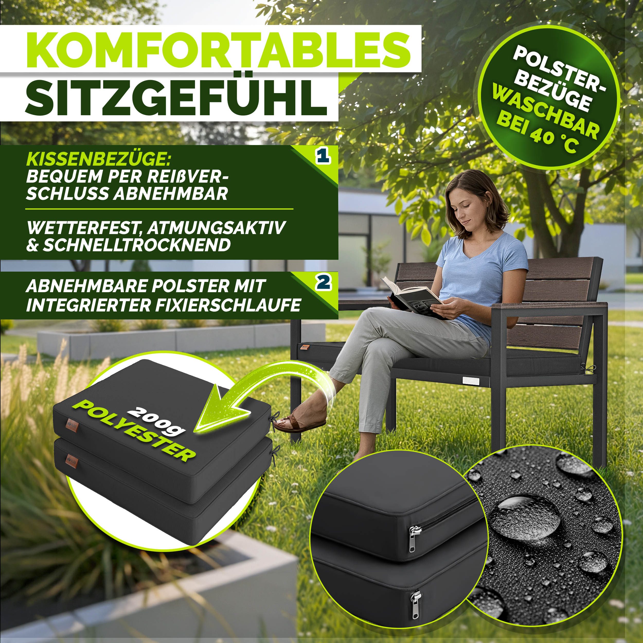 tillvex Gartenbank tillvex® Gartenbank mit Abdeckung & Kissen in Holzoptik bis 300kg (Garten Terrasse Balkon mit waschbarem Bezug, Parkbank in Holzoptik belastbar UV-beständig Sitzbank), Wetterfest 2-3 Sitzer mit Abdeckung & Kissen bis 300 kg