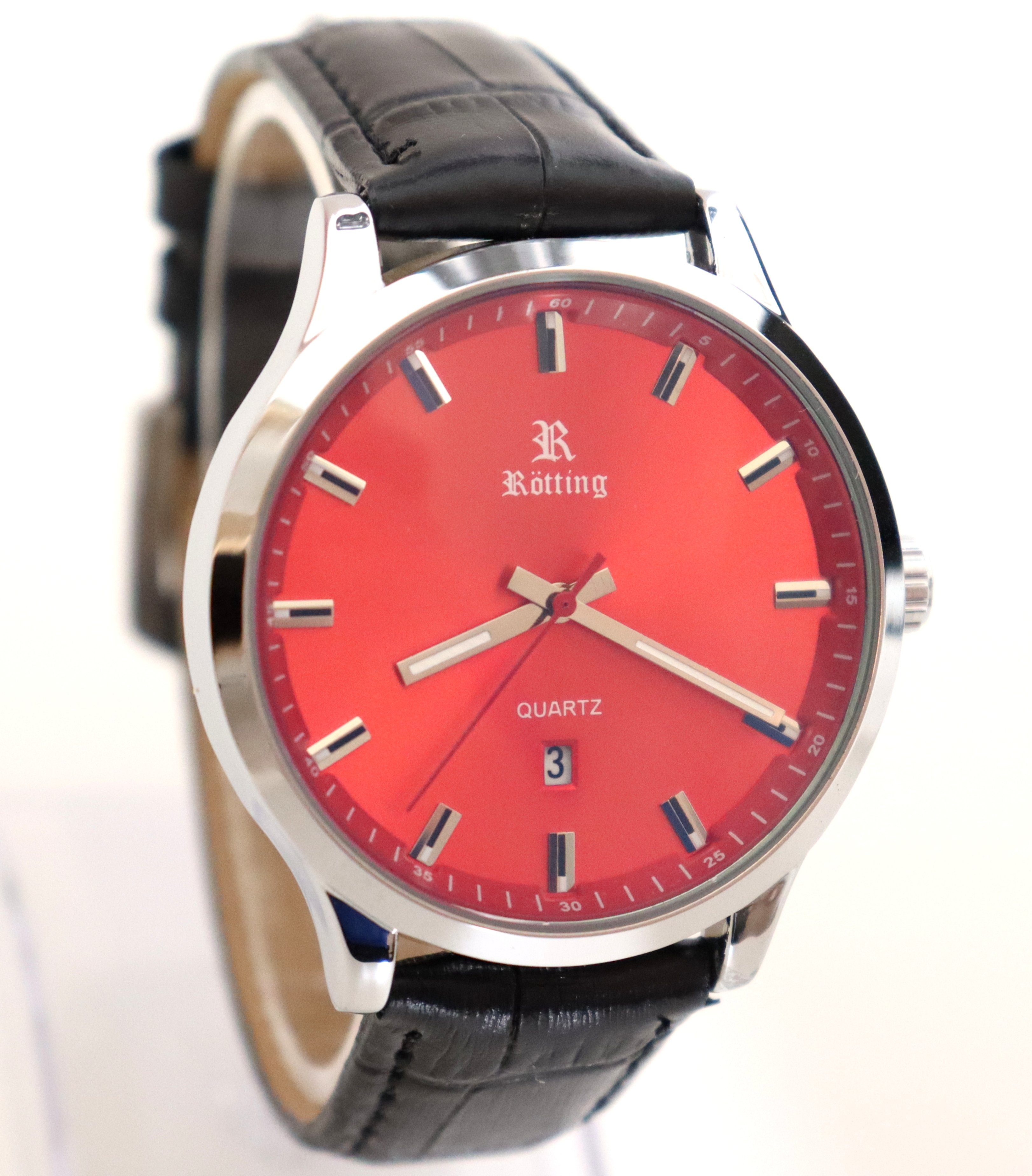 Rötting Design Quarzuhr Herrenuhr Quarz rotes Ziffernblatt DATUM schwarzes günstig online kaufen