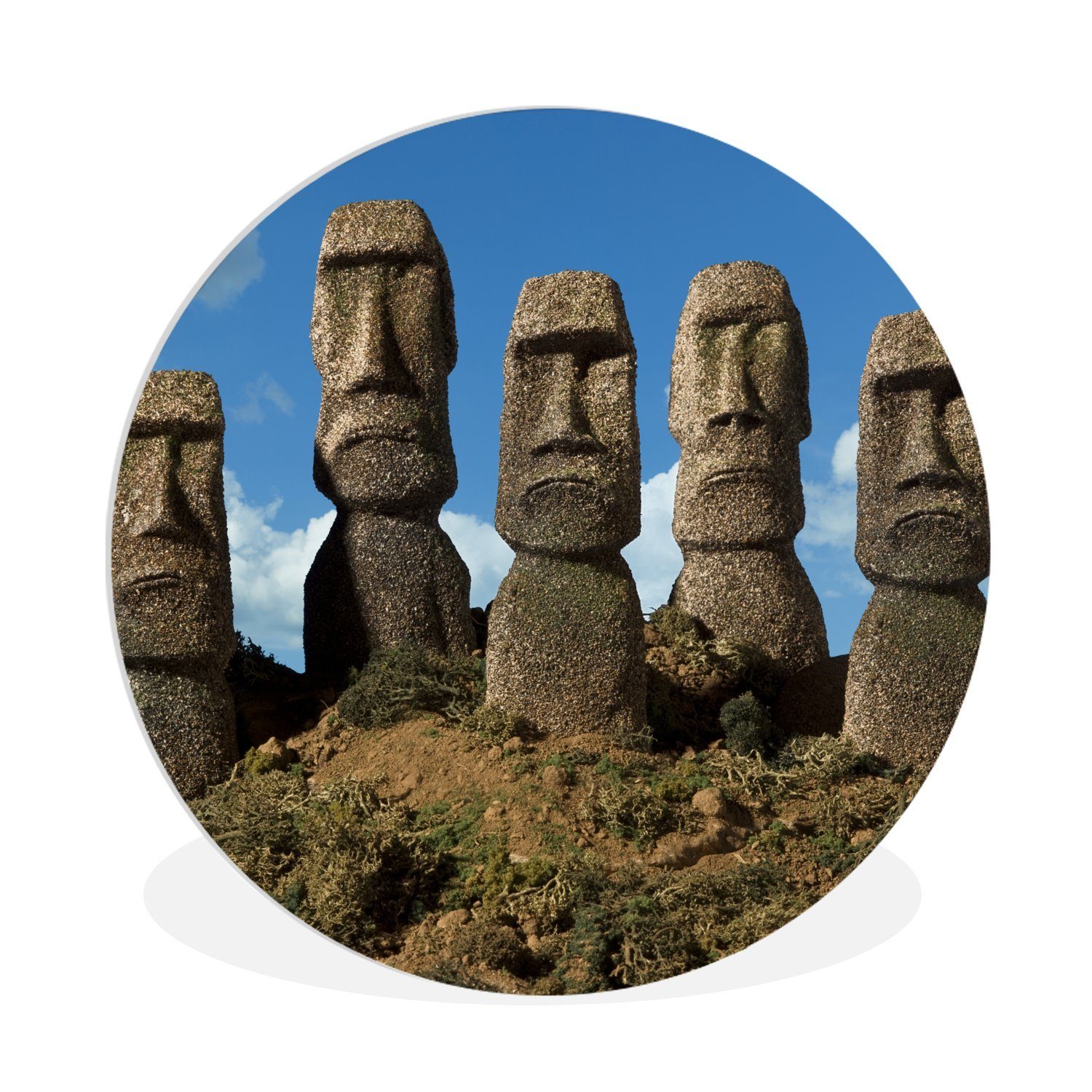 MuchoWow Gemälde Fünf Moai-Statuen auf der Osterinsel, (1 St), Kreis Wanddekoration Forex, Rundes Wandbild, Wohnzimmer, 30x30 cm