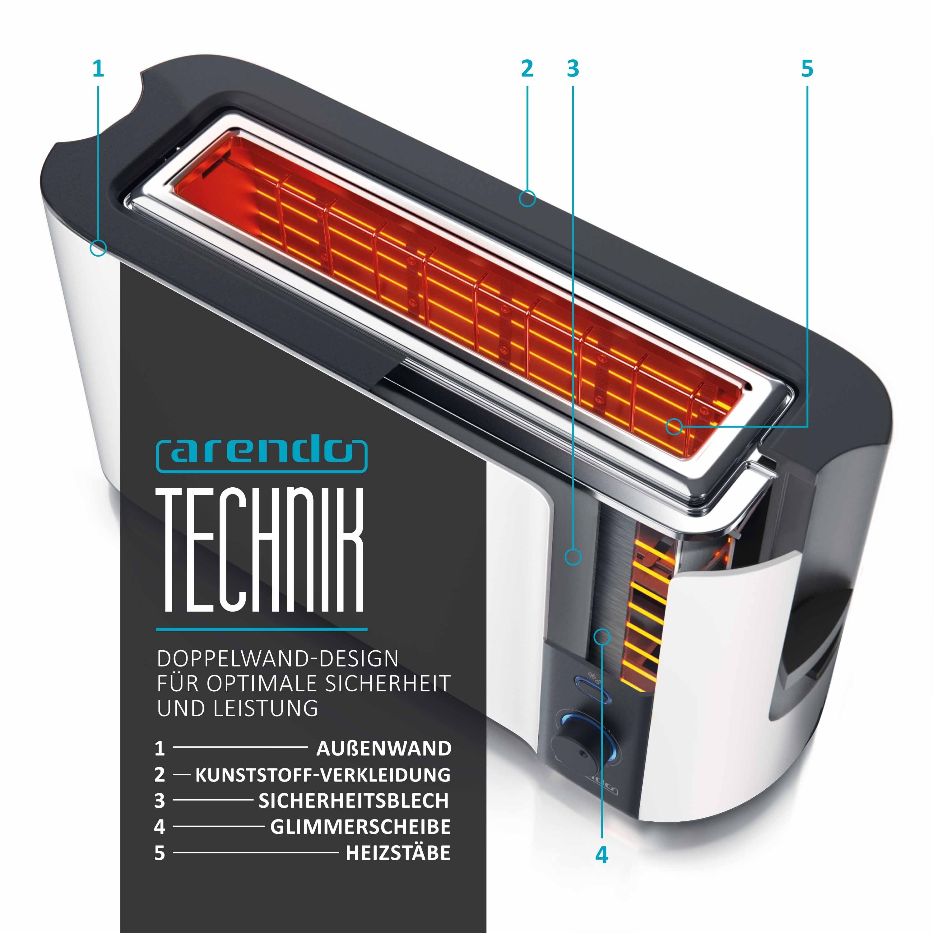 Arendo Toaster, 1 langer Wärmeisolierendes matt weiß 1000 Display für 2 Langschlitz, Schlitz, Brötchenaufsatz, W, Gehäuse, Scheiben