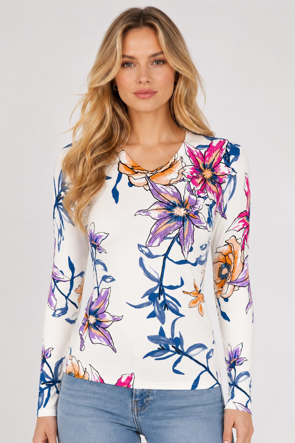 Passioni Strickpullover in weiß mit blauen Lillien und Glitzersteinen