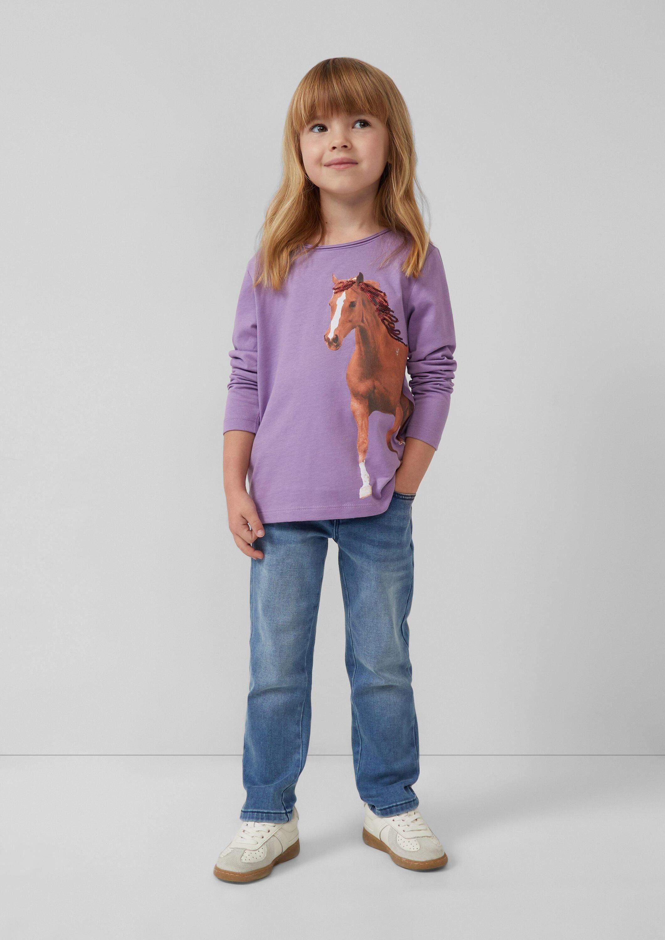s.Oliver Langarmshirt T-Shirt Longsleeve mit Pferde-Print und Pailletten