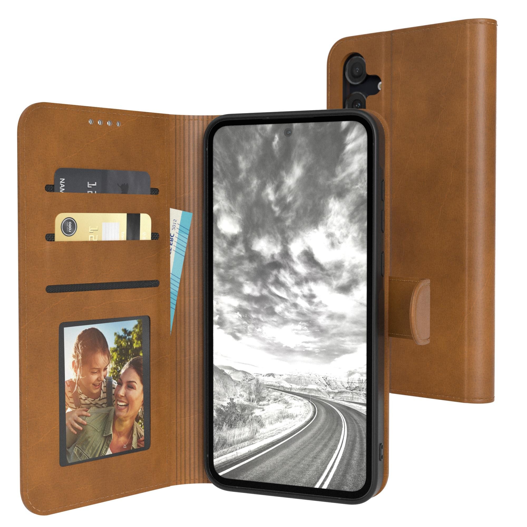 EAZY CASE Handyhülle Business Handytasche Kartenfach Samsung Galaxy A55 6,6 Zoll, Flipcase mit Sichtfenster für Foto Klapp Hülle Kartenetui Hellbraun