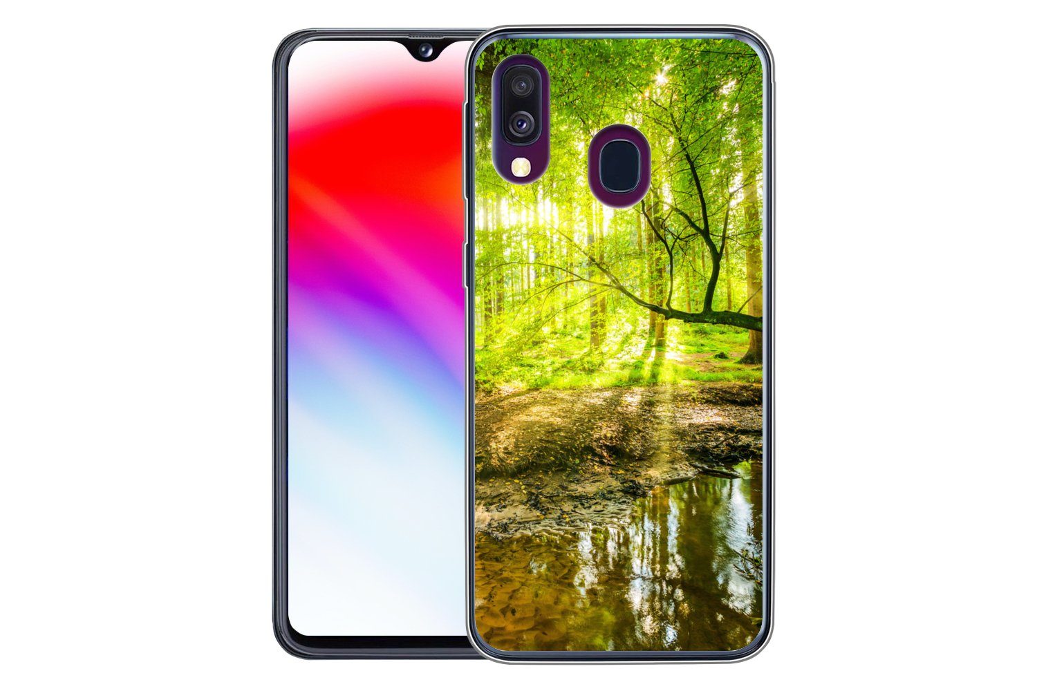 MuchoWow Handyhülle für Samsung Galaxy A40 Wald - Landschaft - Wasser - Bäume - Sonne - Gr, Smartphone-Bumper, Print, Handy Schutzhülle Dünn