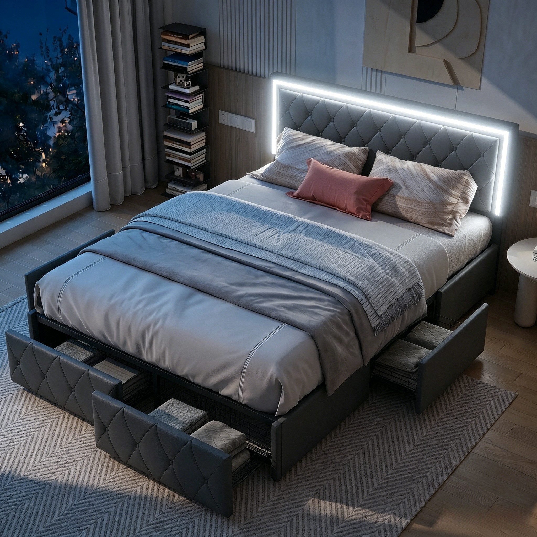 Furnishings Home Polsterbett Stauraumbett Doppelbett Jugendbett (Verstellbare Kopfteilhöhe), Mit LED-Beleuchtung,vier Schubladen auf Rollen, Kunstleder, 140x200 cm