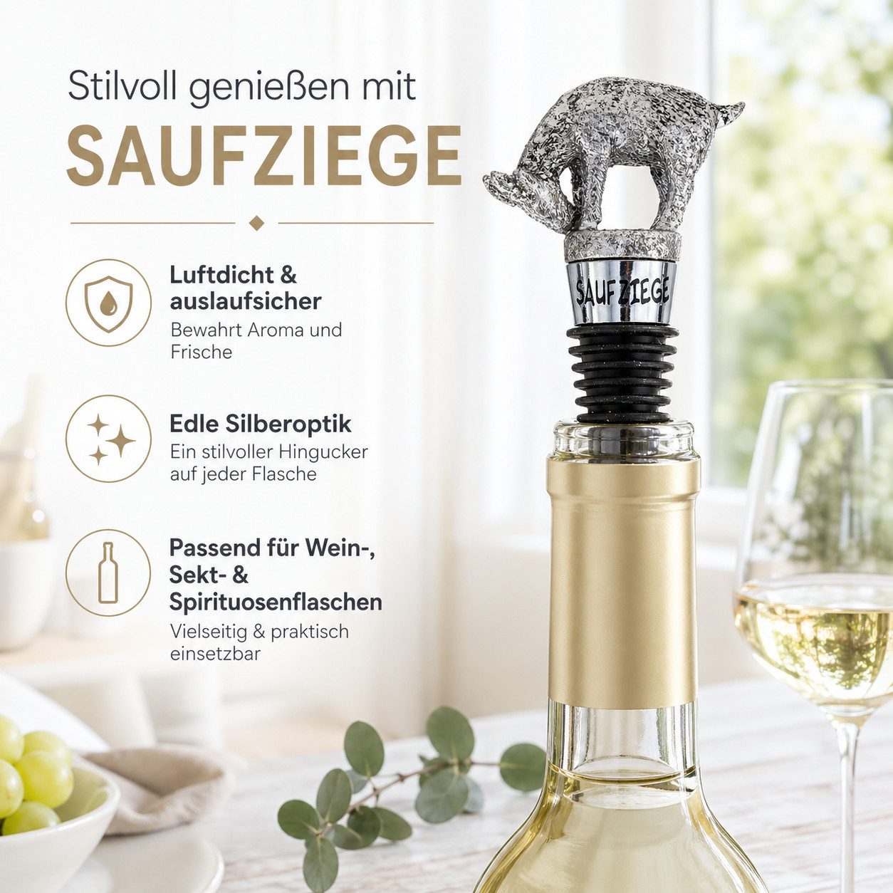 Gehlmann Flaschenverschluss Weinflaschenverschluss Ziege - Silber