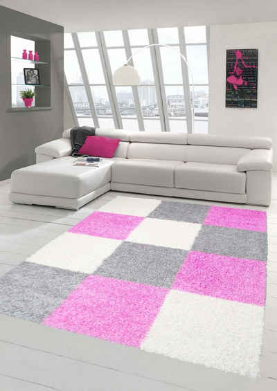 Hochflor-Teppich Shaggy Teppich Hochflor Langflor Teppich Wohnzimmer Kinderzimmer in Karo Design Pink Grau Creme, Teppich-Traum, rechteckig, Höhe: 30 mm